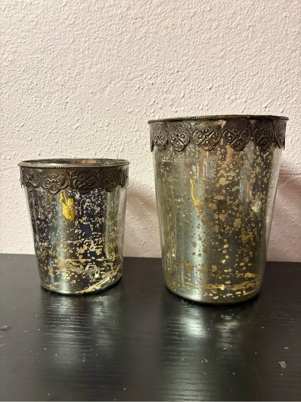 Set of 2 Mercury Glass Decorative Candle Holders Vintage Silver Votives